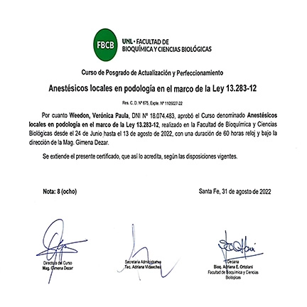 Certificado de curso de aplicación de anestésico