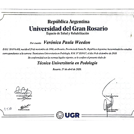 Título de la tecnicatura en podología de Veronica Weedon
